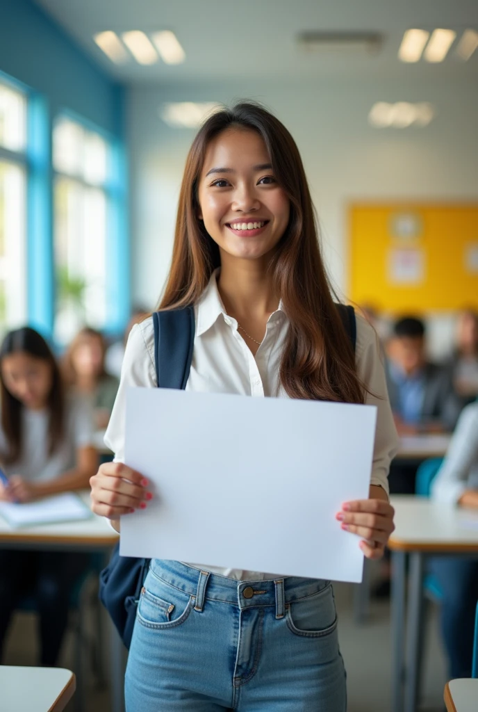 A vibrant classroom with a student holding a certificate, smiling confidently. Keywords: bright, professional, DSLR, 50mm lens, sharp focus