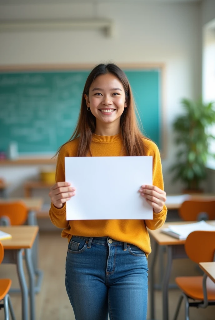 A vibrant classroom with a student holding a certificate, smiling confidently. Keywords: bright, professional, DSLR, 50mm lens, sharp focus