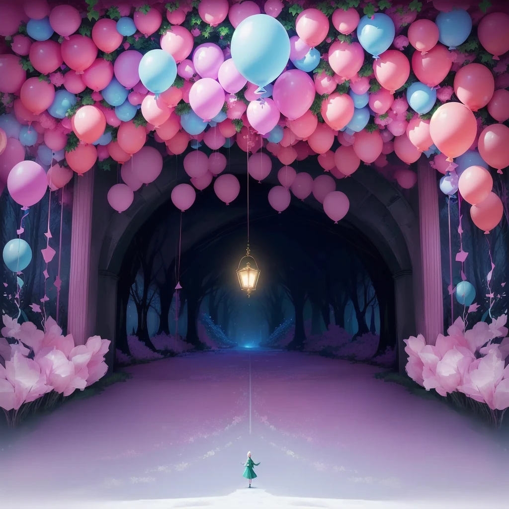 there are many balloons floating in the air in a tunnel, in a candy forest! at night, entrance to ethereal realm, magical background, background artwork, fairy tale style background, elf forest background, background art, wonderland portal, scary magical background, enchanted magical fantasy forest, candy forest, magical forest background, portal to the ethereal realm, magical fairy background