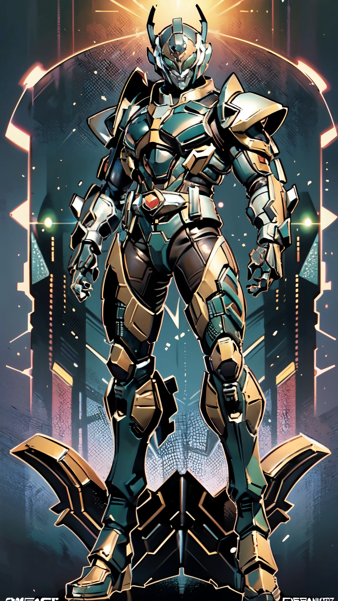 (masterpiece:1.5, best quality:1.5, extremely delicate:1.5), a man wearing a full-face helmet, a fantasy-style biotech armored combat suit, green eyes, (a composite layered chest armor), fully enclosed shoulder guards, matching arm and leg guards, belt of Neon circuit, (the color scheme is primarily black with green and red accents), the design balances heavy with agility, a high-tech bio-mecha armor, (Armor Concept Inspired by Kamen Rider, stand on the top of a skyscraper in a futuristic sci-fi city), this character embodies a finely crafted fantasy-surreal style armored hero in anime style, exquisite and mature manga art style, (element, plasma, energy, the armor glows), ((male:1.5)), metallic, high definition, highres, ultra-detailed, ultra-fine painting, professional, perfect body proportions, golden ratio, anatomically correct, symmetrical face, extremely detailed eyes and face, high quality eyes, creativity, RAW photo, UHD, 32k, Natural light, cinematic lighting, masterpiece-anatomy-perfect