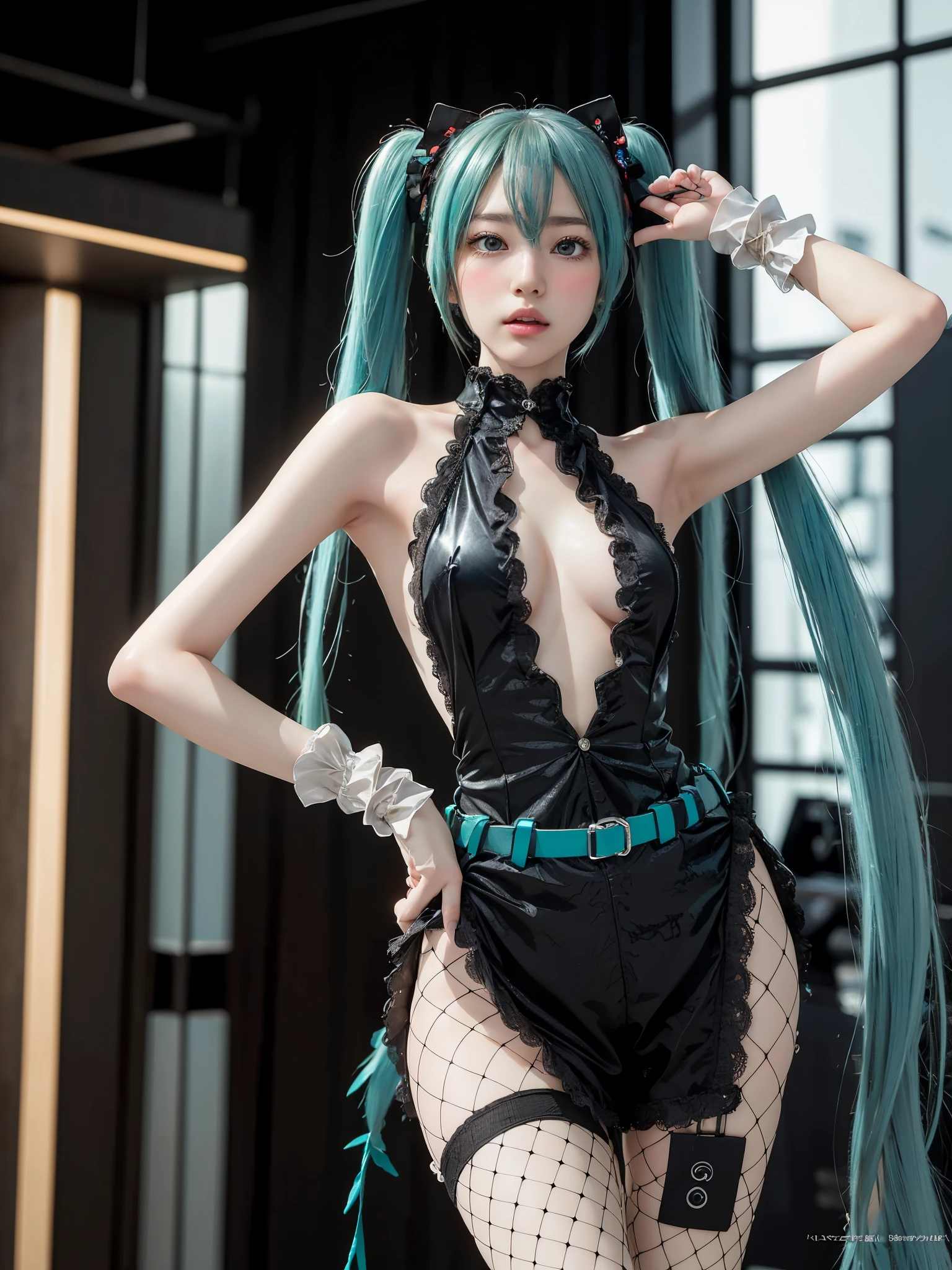 (UHigh resolution, retina, masterpiece, Accurate, Anatomically correct, Textured skin, Super Detail, Attention to detail, high quality, 最high quality, High resolution, 1080P, High resolution, 4K, 8k, 16K), (美しいAttention to detail目, Beautiful lip detail, Highly detailed eyes and face), Soft lighting, Physically Based Rendering, Vibrant colors, (((Hatsune Miku))),Cosplay (Generate an image of a cosplayer dressed as Hatsune Miku, with her iconic turquoise twin tails and futuristic outfit.), (Glowing Skin, blush), (Wide angle), Eye Reflexes, (Staring at the audience),(Thighs,whole body,艶やかなThighs)Active