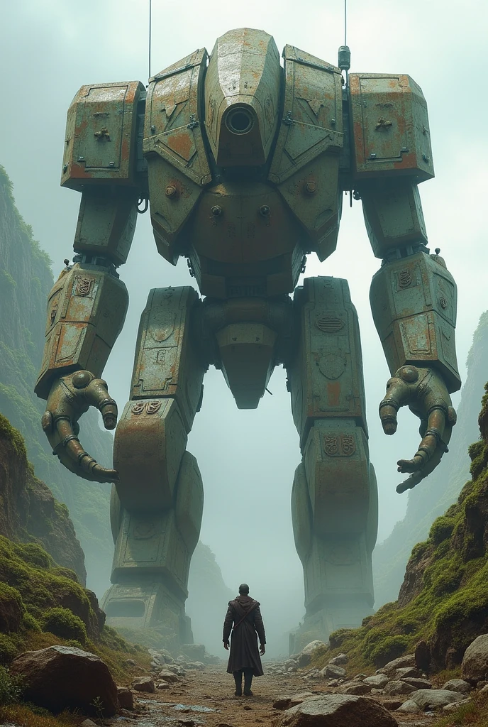 ultra huge mechanical soldier of a super ancient civilization, bigger than a mountain, broken and still moving, rust, moss, cracks,