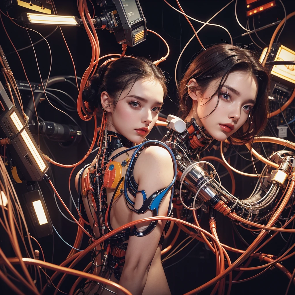 body portrait Photography, in a laboratory full of wires and cables connected to a pop 70's plexiglass robot, 80 degree view, art by Sergio Lopez , Natalie Shau, James Jean and Salvador Dali