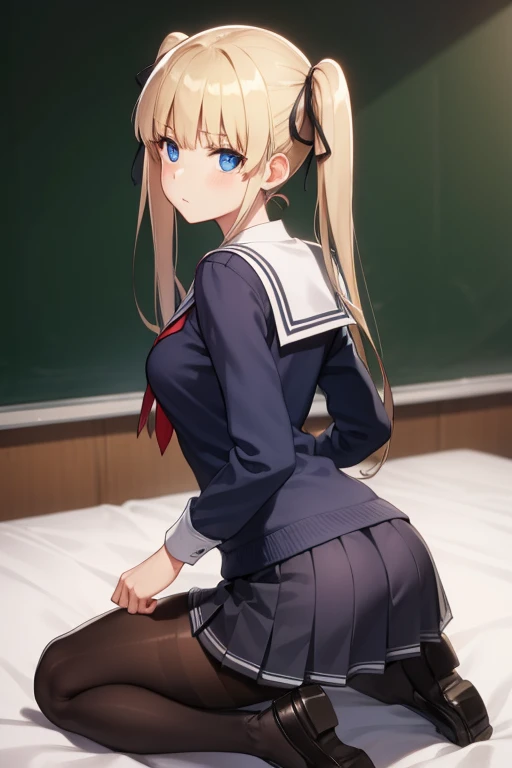 eririspencer, eriri sawamura spencer, blonde hair, blue eyes, blunt bangs, hair ribbon, hime cut, long hair, twintails, full body, full pose, BIG BREASTS, gross face, Grimace, ((kneeling)), BREAK black ribbon, black skirt, ((black pantyhose)), pleated skirt, ribbon, school uniform, skirt, zettai ryouiki, BREAK ((looking back)), ((school shoes)), BREAK indoors, classroom, BREAK (masterpiece:1.2), best quality, high resolution, unity 8k wallpaper, (illustration:0.8), (beautiful detailed eyes:1.6), extremely detailed face, perfect lighting, extremely detailed CG, (perfect hands, perfect anatomy),