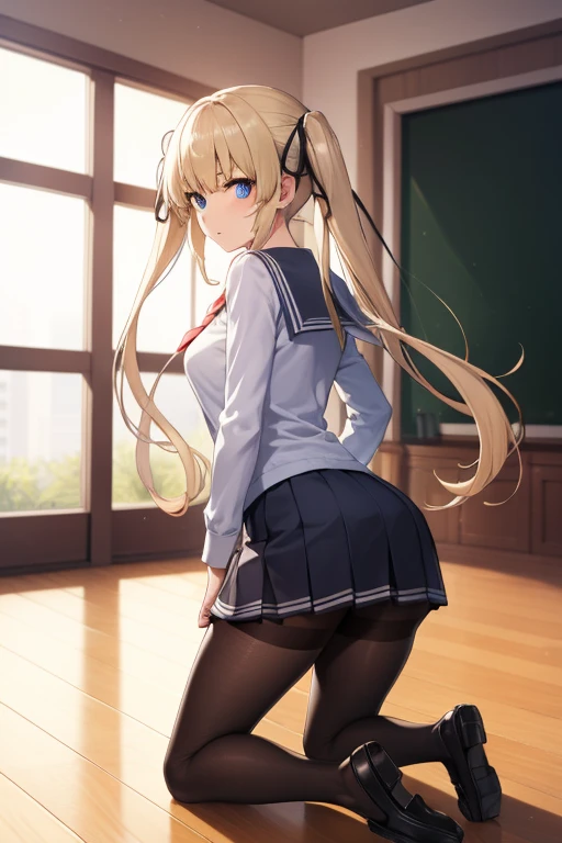 eririspencer, eriri sawamura spencer, blonde hair, blue eyes, blunt bangs, hair ribbon, hime cut, long hair, twintails, full body, full pose, BIG BREASTS, gross face, Grimace, ((kneeling)), BREAK black ribbon, black skirt, ((black pantyhose)), pleated skirt, ribbon, school uniform, skirt, zettai ryouiki, BREAK ((looking back)), ((school shoes)), BREAK indoors, classroom, BREAK (masterpiece:1.2), best quality, high resolution, unity 8k wallpaper, (illustration:0.8), (beautiful detailed eyes:1.6), extremely detailed face, perfect lighting, extremely detailed CG, (perfect hands, perfect anatomy),