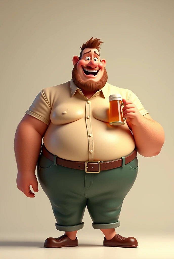 A rather fat, animated man with a beer in his hand, with a slightly more foreheaded face