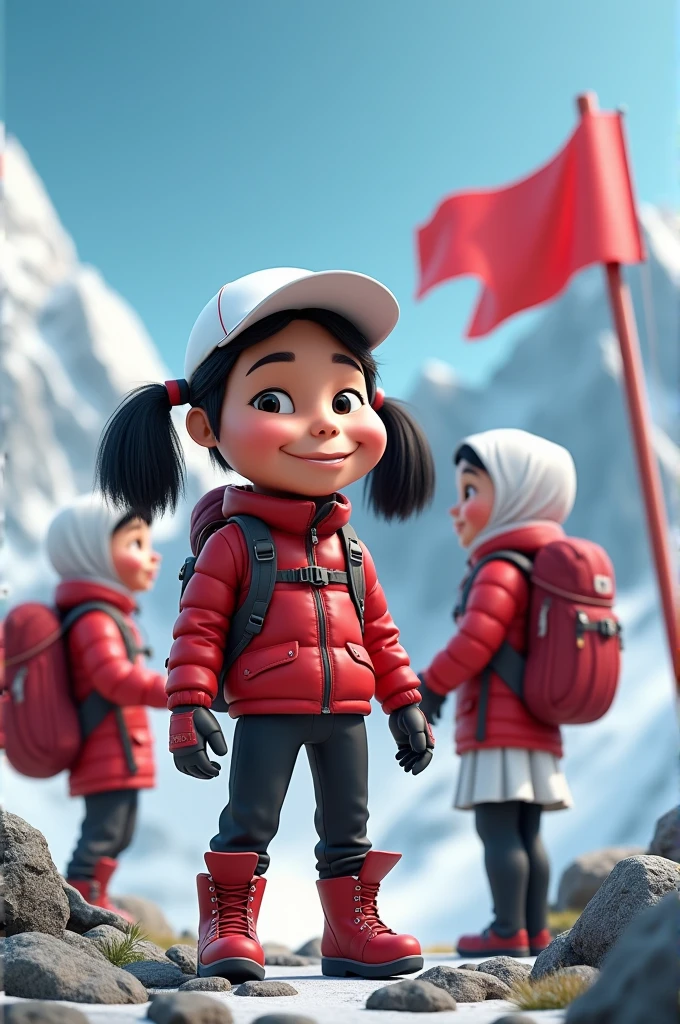 Romy Rachman Caricatured 3D Indonesia, head of large, two pairs, mountaineers, is 40 years old, wear white cap, red jackets, black pants, red backpacks, red boots, the woman wearing a long white hijab, long red jacket, short white skirt, a backpack that holds a large red and full-sized flag, blue sky, standing on the mountain, there is a realistic mountain, super details