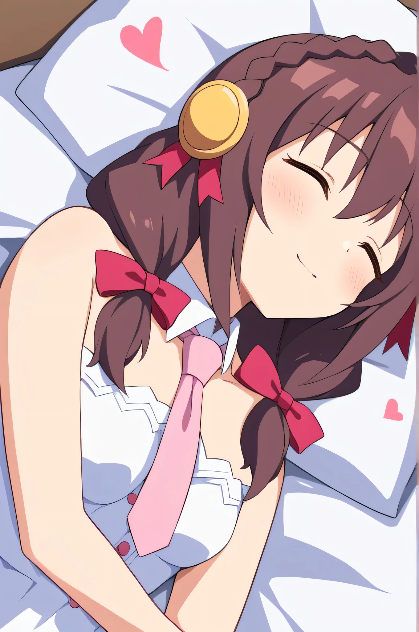 alone, One person, Yunyun, ♥、Crown braids of the same color as your hair, hair ornaments, Hair Ribbon, Pink tie, White dress, Sleeping in bed、heart、♥