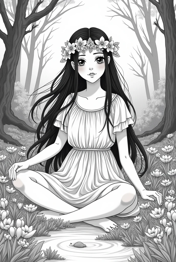 create illustrations in a graphic style according to the description:
1. Appearance of Mavka: She should be represented as a young and beautiful girl, With a long, often loose hair. Her eyes can be made large and expressive, that emphasizes its mysticism.
2. clothes: Traditionally, Mavka is depicted in simple white or light clothing, often this can be a light dress, that seems almost transparent. You can also add elements, that symbolize nature, For example, wreath of flowers on her head.
3. Surroundings: The background should reflect her connection to nature. This could be a forest clearing, pond or river, surrounded by trees and flowers. Lighting can be soft, creating an atmosphere of evening or morning mysticism.
4. Graphic Style: You can use detailed and realistic graphics, to convey the mythological and mysterious character of the character.
Do it in a black and white graphic style