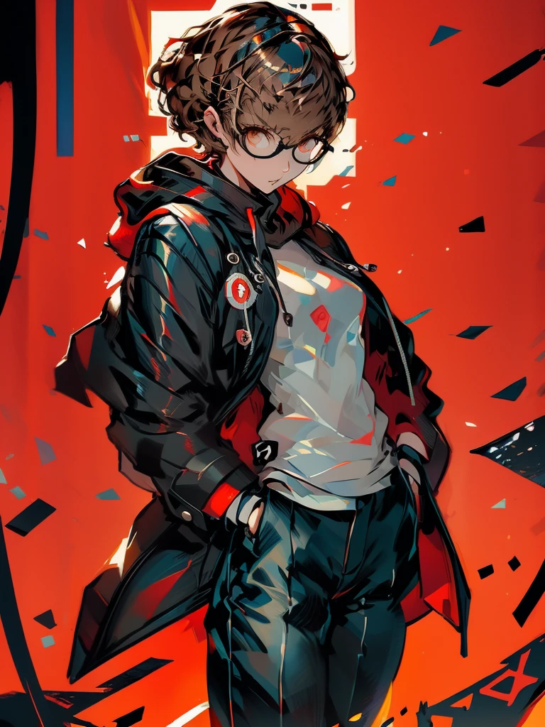 ((chibi)), big head, focus face, in the art style of persona5, (masterpiece:1.2, highest quality), (Realistic, photoRealistic:1.4), Beautiful illustrations, (Natural Side Lighting, Cinema Lighting), Written boundary depth, Beautiful thighs staring at the viewer, 1 female, 20-year-old, alone, thin, slender, (small breasts), short Hair, curly Hair, Forehead, Forehead, Forehead, Forehead, thin, slender, glasses, ((Skinny black pants, oversized hoodie)), Are standing, (((glasses))), ((Close-up)), ((Close-up)), ((Close-up))
