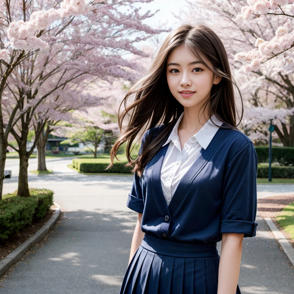 (Highest quality,masterpiece:1.3,Ultra-high resolution),(Very detailed,Caustics,8K),(Realistic:1.4,RAW shooting),1 Girl,(smile),(Looking up at cherry blossoms),18-year-old,cute,Japanese,Short black hair,(school uniform),glamorous,(big ),(Face Focus),street,cherry blossoms,Natural light,(Lens flare),Professional Writing,(Cowboy Shot),(bird's's point of view:1.2),(High position:1.4),(High Angle:1.4)