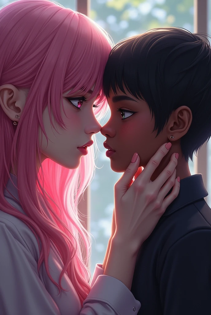 Sexy pink hair girl, curly and long, with pink lips pink or violet eyes, He was looking into the face of another dark-skinned girl while holding her face with tension, a dark-skinned dwarf. , short black pixie hair cut very short above the ears in a catholic school