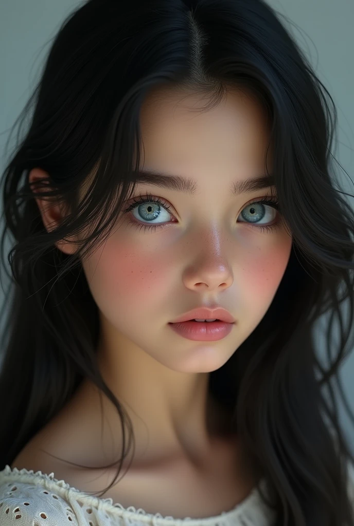 (photorealism:1.2), girl with dark black hair and blue eyes, Spanish 