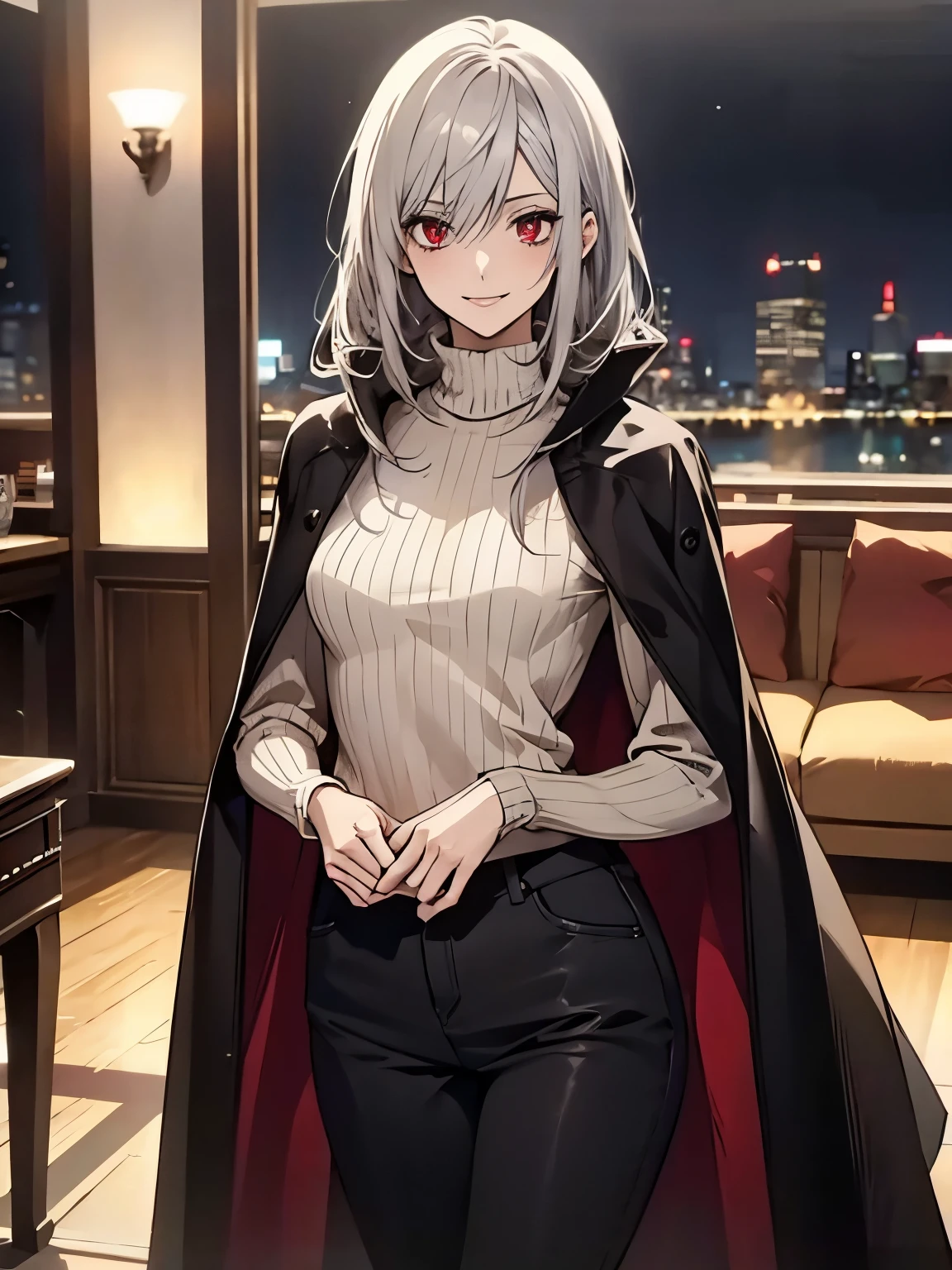 (Confused, High resolution, Very detailed), 1 female, Silver Hair,Shortcuts,Bright red eyes,sweater,24th generation,beauty,mature,thin,quiet,Calm,A small smile,A kind smile,A shy smile,In front of people you like,Food Cape,Slender and thin,boots,skinny pants,Night Library,,talk,sofa,Small breasts,