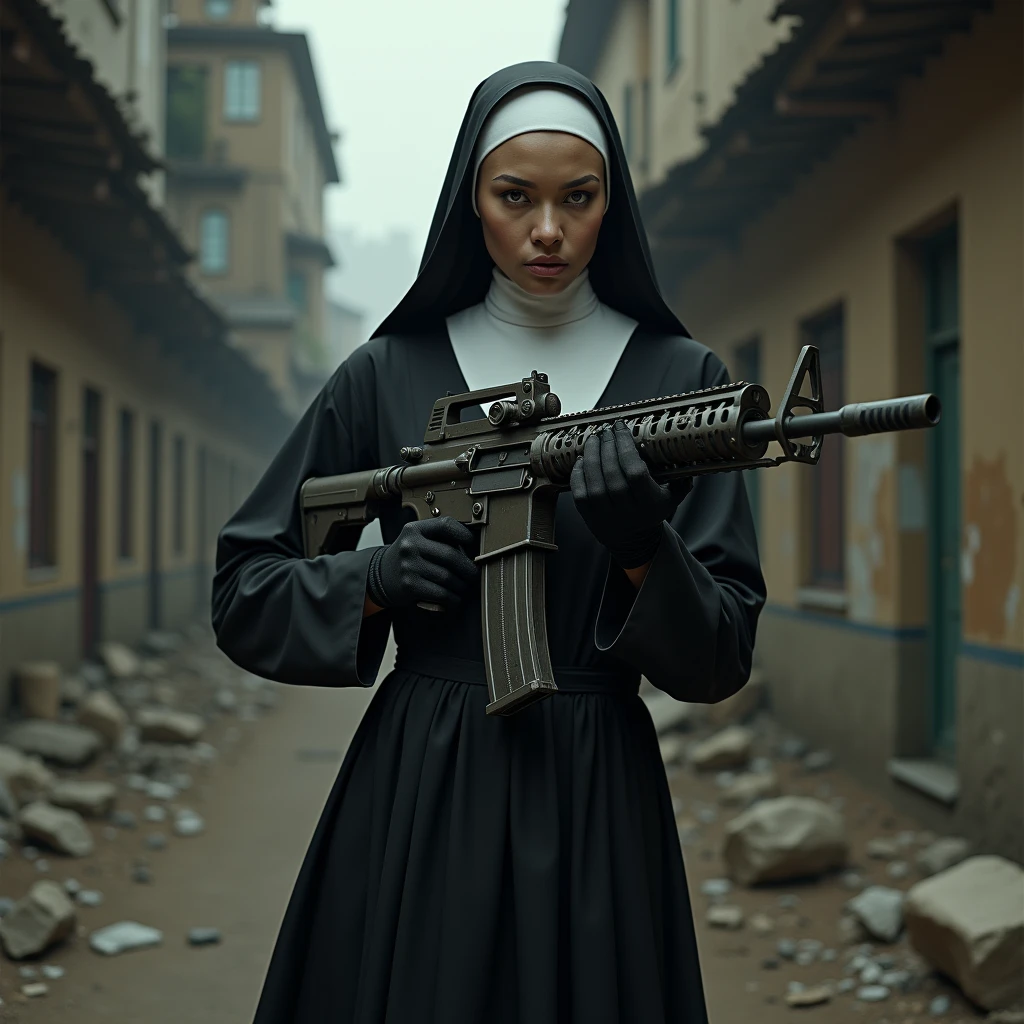 A nun in a black tight dress holding a machine gun