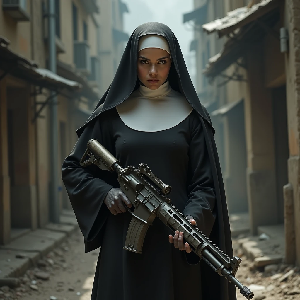 A nun in a black tight dress holding a machine gun