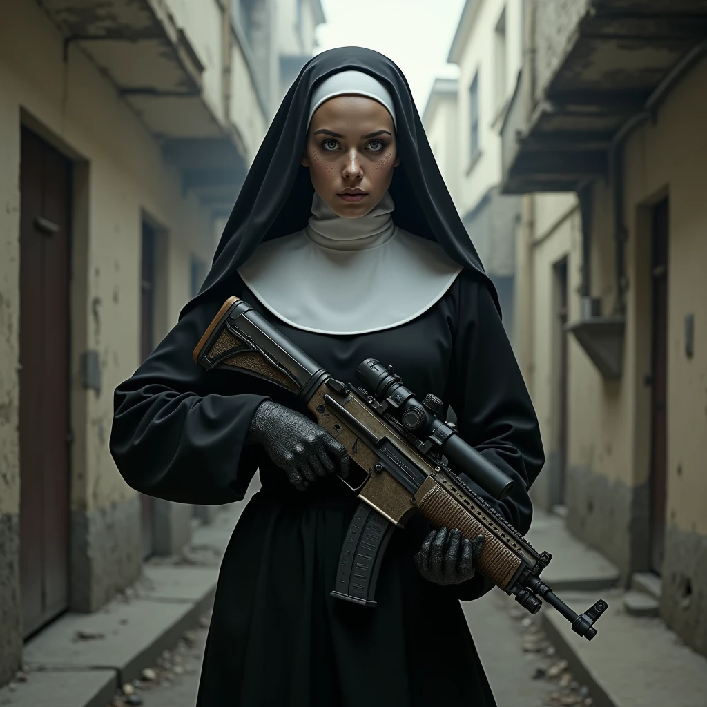 A nun in a black tight dress holding a machine gun