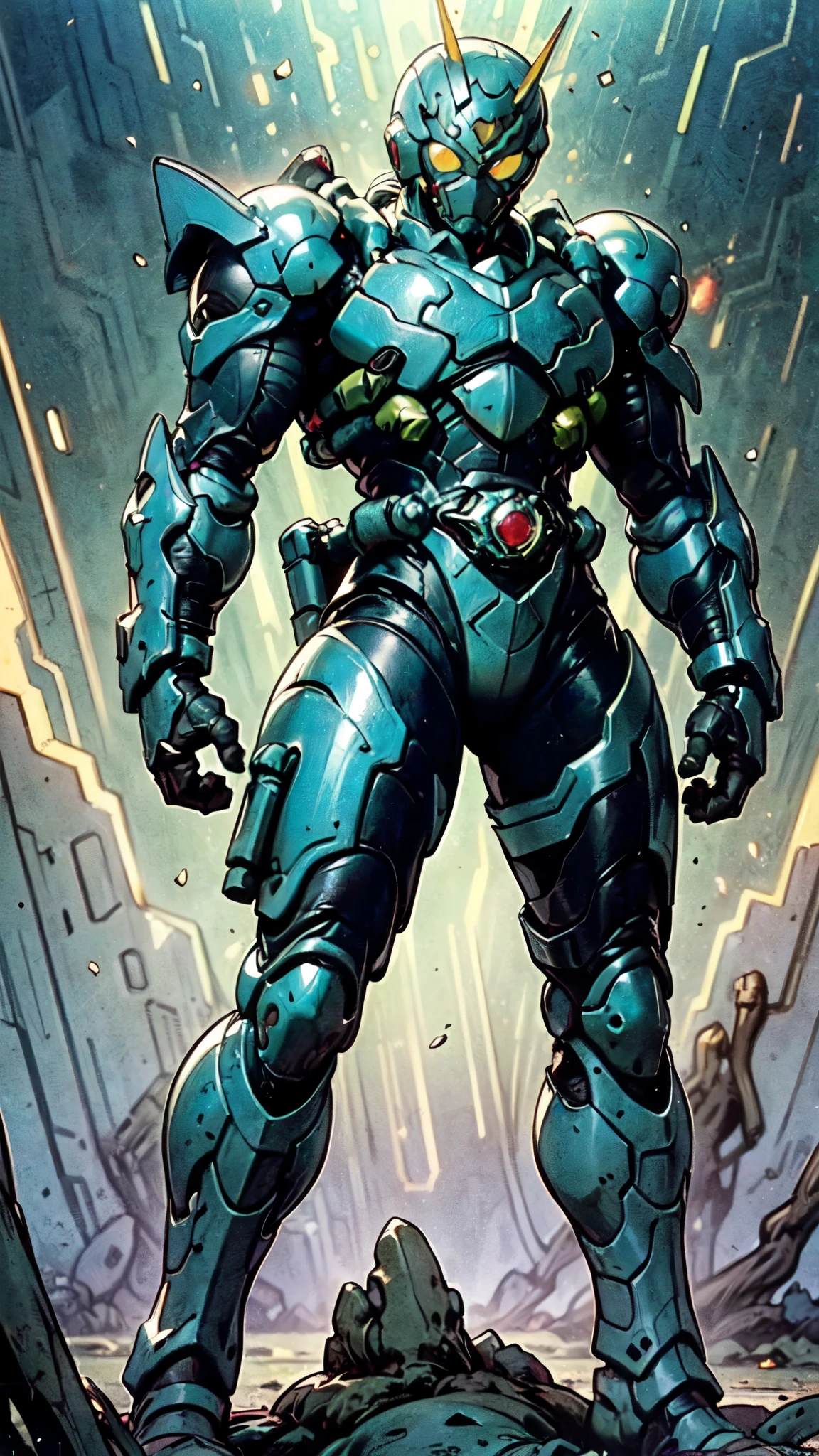 (masterpiece:1.5, best quality:1.5, extremely delicate:1.5), a man wearing a full-face helmet, a fantasy-style biotech armored combat suit, green eyes, (a composite layered chest armor), fully enclosed shoulder guards, matching arm and leg guards, belt of Neon circuit, (the color scheme is primarily black with green and red accents), the design balances heavy with agility, a high-tech bio-mecha armor, (Armor Concept Inspired by Kamen Rider, stand on the top of a skyscraper in a futuristic sci-fi city), this character embodies a finely crafted fantasy-surreal style armored hero in anime style, exquisite and mature manga art style, (element, plasma, energy, the armor glows), ((male:1.5)), metallic, high definition, highres, ultra-detailed, ultra-fine painting, professional, perfect body proportions, golden ratio, anatomically correct, symmetrical face, extremely detailed eyes and face, high quality eyes, creativity, RAW photo, UHD, 32k, Natural light, cinematic lighting, masterpiece-anatomy-perfect