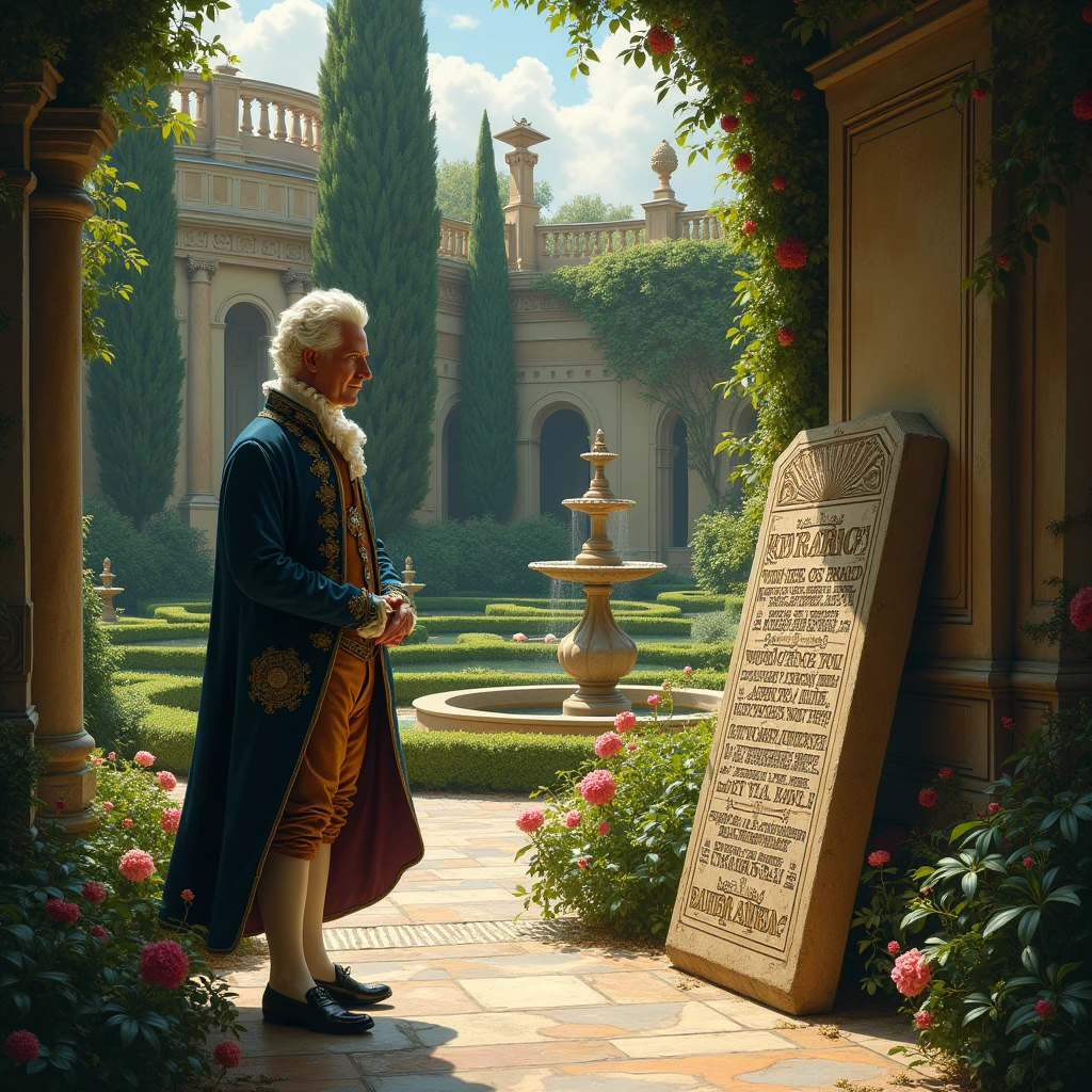 nobleman in his palace garden, mysterious engraving, 1700's