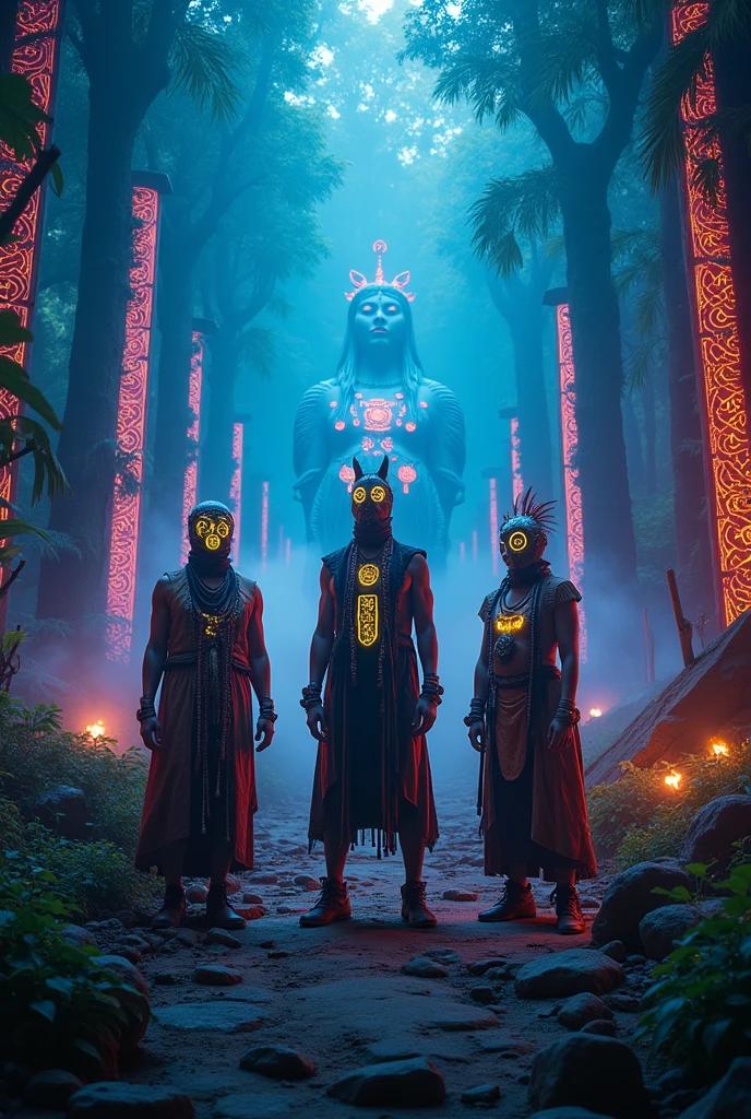 A high-resolution brightly lit photorealistic photograph of a tech wear shaman & tribals wearing shamanic ornaments and face mask with criptic signs glowing on the fabric standing by an ancient rain forest temple ruins glowing with criptic symbols of tribals and alienish paterns on the tree trunks glowing in uv colours smog and misty fog in the atmosphere broken ruins of ancient goddess skulptor glowing in uv colours The photograph is styled like a high-end lifestle Movie hdr32 k this orignal image octate render unreal lightings, highly detailed , photo realistic , unreal engine 5, depth of view, add noise, Effet de vent:1.9,Effets de nuage:1.2,Rendu complet,Encaustic painting,flammes, epic, dawn, dramatic lighting, dim light, bokeh, The photograph has a light bright happy feel. Use a high-resolution 16k camera with a 2:3 aspect ratio, a raw style, and a quality setting of 2 to capture this vibrant scene . 32k, full ultra hd, high resolution, photorealistic, natural lighting, ultra realistic photo, high quality, HDR, high resolution, smooth and delicate skin, noble and elegant, ultra-realistic photography vibe, shot with Canon camera, intricate details, 32k --ar 16:9 --s 750 --v 6.1