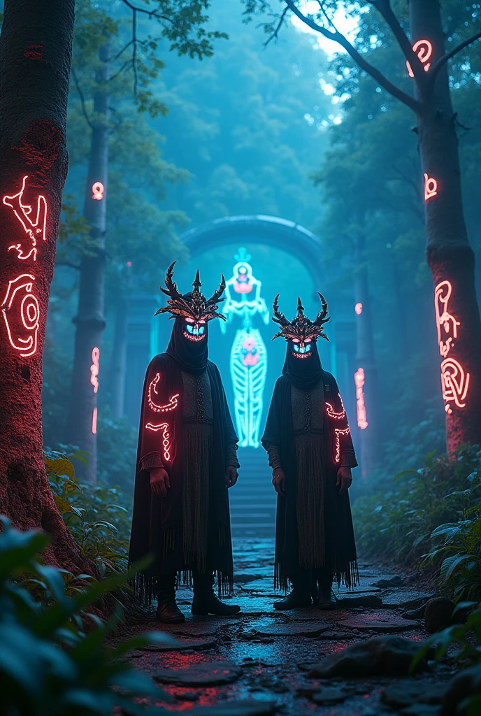 A high-resolution brightly lit photorealistic photograph of a tech wear shaman & tribals wearing shamanic ornaments and face mask with criptic signs glowing on the fabric standing by an ancient rain forest temple ruins glowing with criptic symbols of tribals and alienish paterns on the tree trunks glowing in uv colours smog and misty fog in the atmosphere broken ruins of ancient goddess skulptor glowing in uv colours The photograph is styled like a high-end lifestle Movie hdr32 k this orignal image octate render unreal lightings, highly detailed , photo realistic , unreal engine 5, depth of view, add noise, Effet de vent:1.9,Effets de nuage:1.2,Rendu complet,Encaustic painting,flammes, epic, dawn, dramatic lighting, dim light, bokeh, The photograph has a light bright happy feel. Use a high-resolution 16k camera with a 2:3 aspect ratio, a raw style, and a quality setting of 2 to capture this vibrant scene . 32k, full ultra hd, high resolution, photorealistic, natural lighting, ultra realistic photo, high quality, HDR, high resolution, smooth and delicate skin, noble and elegant, ultra-realistic photography vibe, shot with Canon camera, intricate details, 32k --ar 16:9 --s 750 --v 6.1