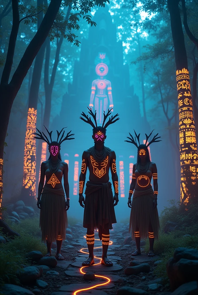 A high-resolution brightly lit photorealistic photograph of a tech wear shaman  & tribals wearing shamanic ornaments and face mask with criptic signs glowing on the fabric standing by an ancient rain forest temple ruins glowing with criptic symbols of tribals and alienish paterns on the tree trunks glowing in uv colours smog and misty fog in the atmosphere broken ruins of ancient goddess skulptor glowing in uv colours The photograph is styled like a high-end lifestle Movie hdr32 k this orignal image octate render unreal lightings, highly detailed , photo realistic , unreal engine 5, depth of view, add noise, Effet de vent：1.9，Effets de nuage：1.2，Rendu complet，Encaustic painting,flammes, epic, dawn, dramatic lighting, dim light, bokeh, The photograph has a light bright happy feel. Use a high-resolution 16k camera with a 2:3 aspect ratio, a raw style, and a quality setting of 2 to capture this vibrant scene . 32k, full ultra hd, high resolution, photorealistic, natural lighting, ultra realistic photo, high quality, HDR, high resolution, smooth and delicate skin, noble and elegant, ultra-realistic photography vibe, shot with Canon camera, intricate details, 32k --ar 16:9 --s 750 --v 6.1