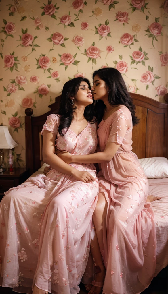 South Indian women, in bed room, wearing rose colour chiffon transparent nighty 