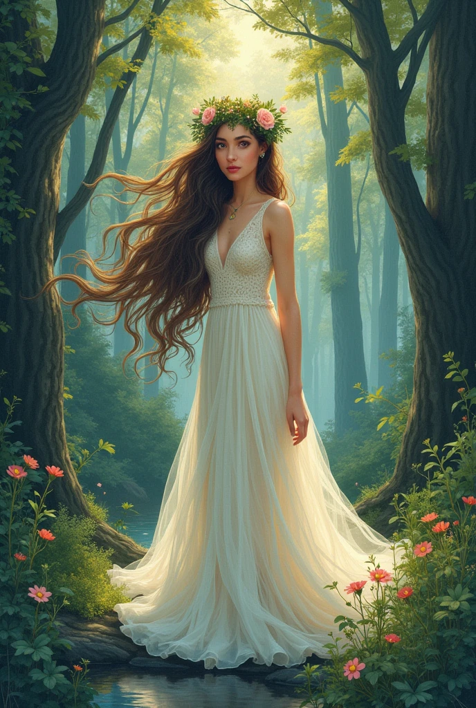 create illustrations in a graphic style according to the description:

1. Appearance of Mavka: She should be represented as a young and beautiful girl, With a long, often loose hair. Her eyes can be made large and expressive, that emphasizes its mysticism.

2. clothes: Traditionally, Mavka is depicted in simple white or light clothing, often this can be a light dress, that seems almost transparent. You can also add elements, that symbolize nature, For example, wreath of flowers on her head.

3. Surroundings: The background should reflect her connection to nature. This could be a forest clearing, pond or river, surrounded by trees and flowers. Lighting can be soft, creating an atmosphere of evening or morning mysticism.

4. Graphic Style: You can use detailed and realistic graphics, to convey the mythological and mysterious character of the character. 
Make it graphic Make it colorful , only the effect of pencils

