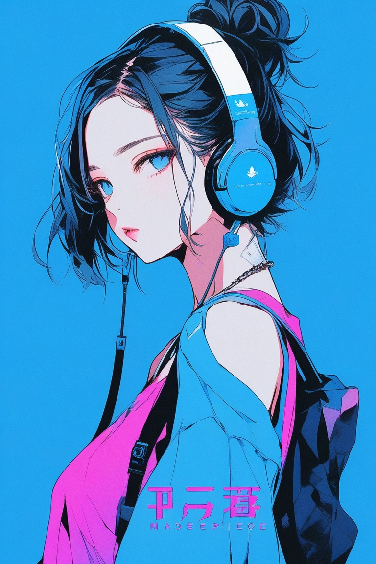 ((masterpiece,Highest quality)), 8k, anime , Realistic ,sketch, anime風のポートレート, 黒猫を連れたanimeの女性, 20-year-old, Blue gradient background, Tank top mesh knit, Neon medium length hair, lip, Big earrings, Wear headphones, Texture Trim, Canadian, Upper Body, (masterpiece,Highest quality)