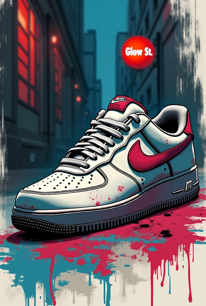 Nike airforce one sketch stained dripped art and street sign that says glow st