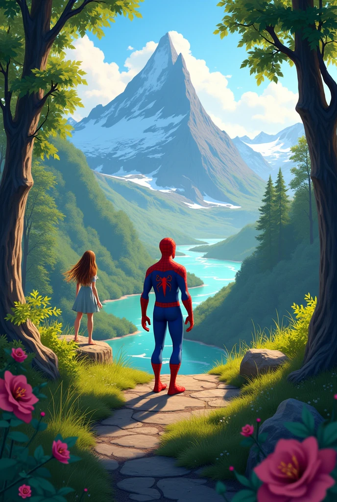 Make a cartoon video where Spiderman runs through a beautiful forest and reaches the top of a beautiful mountain and from there there is an Iceland, which is far below and before he reaches that land, a barrage of fire catches him by his feet and beautifully. Landing and there is a beautiful rose tree in front of him and sees a beautiful Iceland girl with a rose from there and gives her the rose.