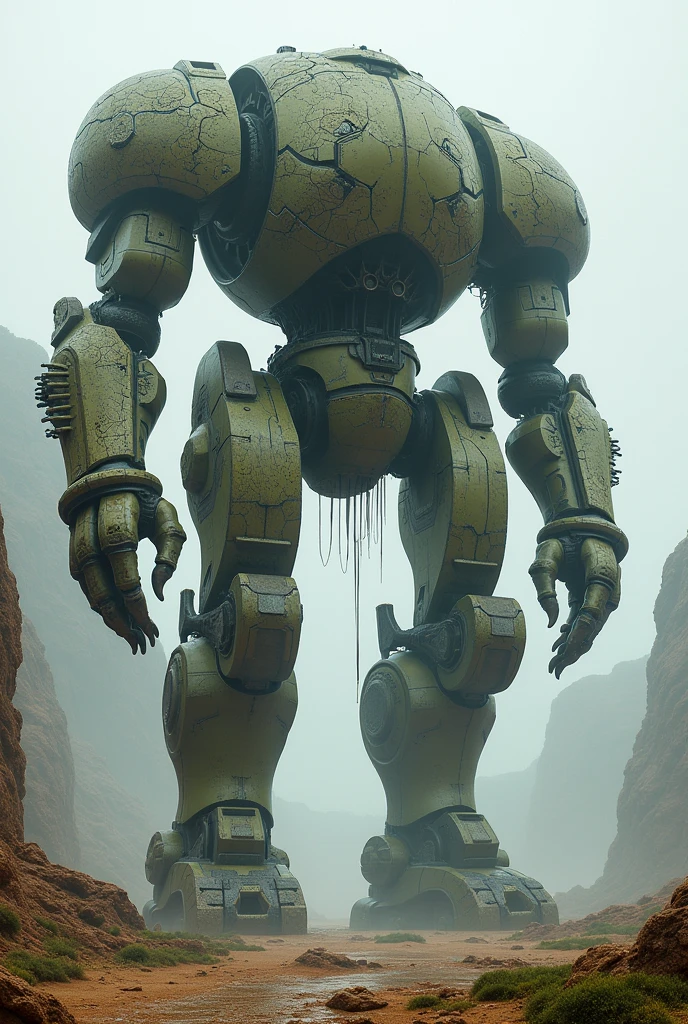 ultra huge mechanical soldier of a super ancient civilization, bigger than a mountain, (((organic forms))), broken and still moving, rust, moss, cracks,