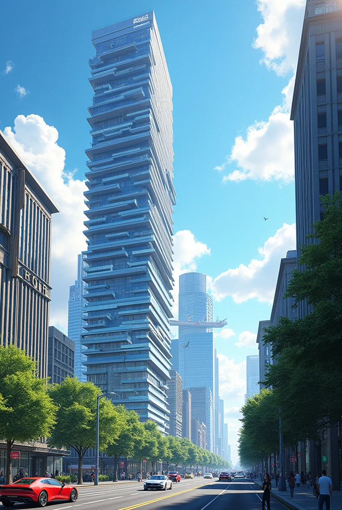 A detailed and vibrant cityscape showing a tall, modern skyscraper ting the skyline, with a bright, partly cloudy sky overhead. The building features a unique and futuristic design with horizontal lines and reflective windows. Below, a busy urban street with cars, pedestrians, and greenery lines the sidewalks. The perspective is slightly tilted, adding a dynamic feel to the image. In the background, other modern buildings and structures, including a ship or maritime element, are visible, creating a blend of urban and nautical themes.