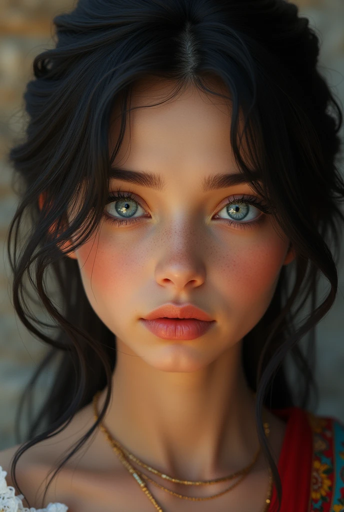 (photorealism:1.2), girl with dark black hair and blue eyes, Spanish