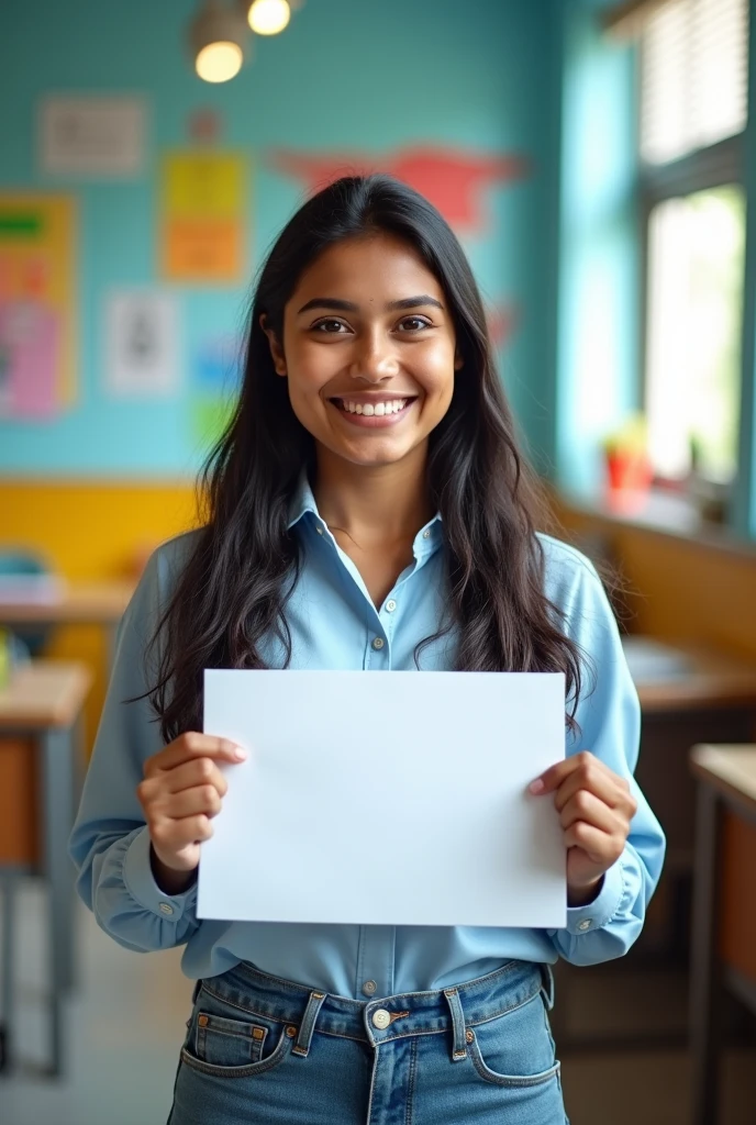 A vibrant classroom with an Indian student holding a certificate, smiling confidently. Keywords: bright, professional, DSLR, 50mm lens, sharp focus