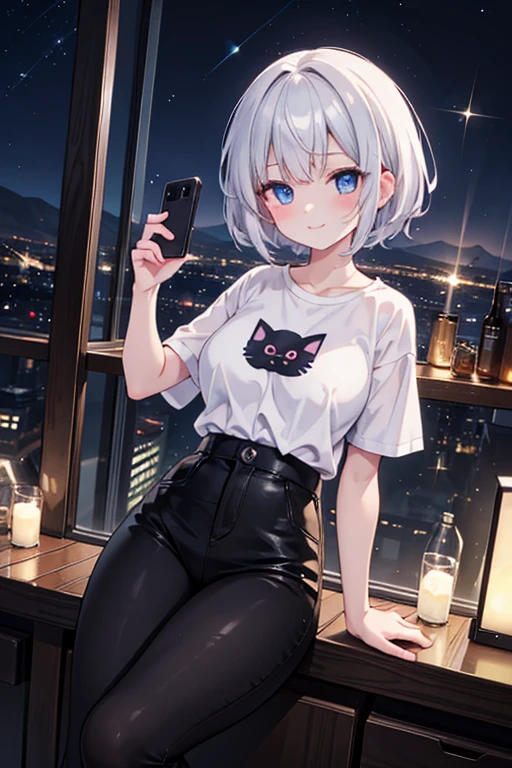 anime style, super fine illustration,masterpiece, highly detailed, dynamic angle, beautiful detailed, 8k, On a summer night, at the observatory at the top of the mountain, BREAK White short-haired cat-eared girl, transfixed by the beautiful night view of the city, is taking a selfie. Her blue eyes are shining and she is smiling. BREAK The night view sparkles in the background.BREAK white T-shirt,black pants,sunglasses,