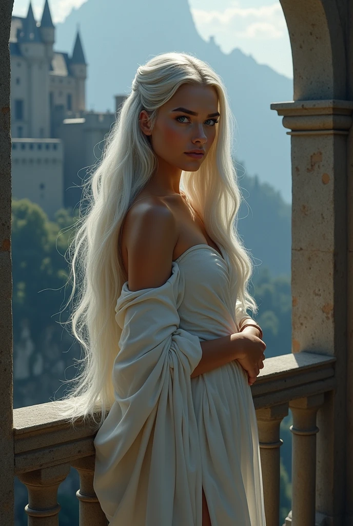 oil painting of (koh_emiliaclarke), (long hair:1.1), (standing in a balcony), (white tunic:1.1), perfect thighs, (game of thrones castle in the background:1.2), atmospheric lighting, cinematic composition, concept art, digital illustration, detailed, art by brian m viveros and maciej kuciara and mark keathley, natural light, 4K, high-detail, ((perfect eyes)), (detailed pupils), dimly lit, (white hair:1.3)