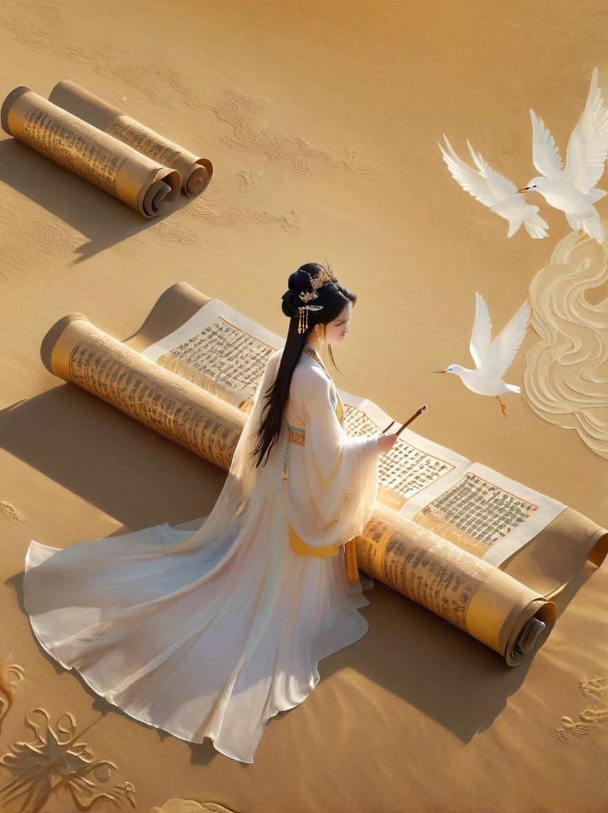 illustration, Dunhuang art style, Extremely long-distance lens, A mysterious little person, Wearing traditional silk dress, Standing on an ancient soft scroll with golden ancient texts, Zen style, Bright Star, Light and Shadow, Ancient White, epic, Extremely delicate brushstrokes, 3D Rendering, Reality, Photographed by DJI