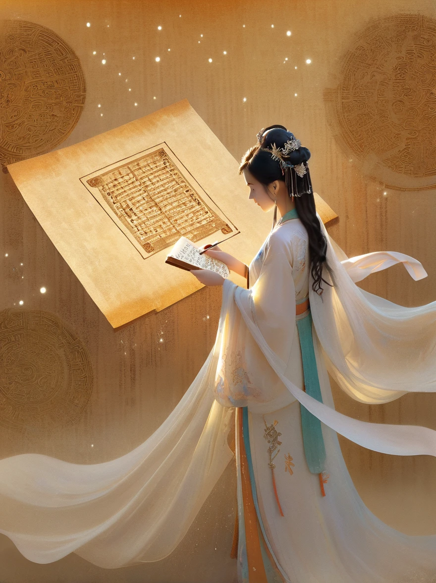 illustration, Dunhuang art style, Extremely long-distance lens, A mysterious little person, Wearing traditional silk dress, Standing on an ancient soft scroll with golden ancient texts, Zen style, Bright Star, Light and Shadow, Ancient White, epic, Extremely delicate brushstrokes, 3D Rendering, Reality, Photographed by DJI