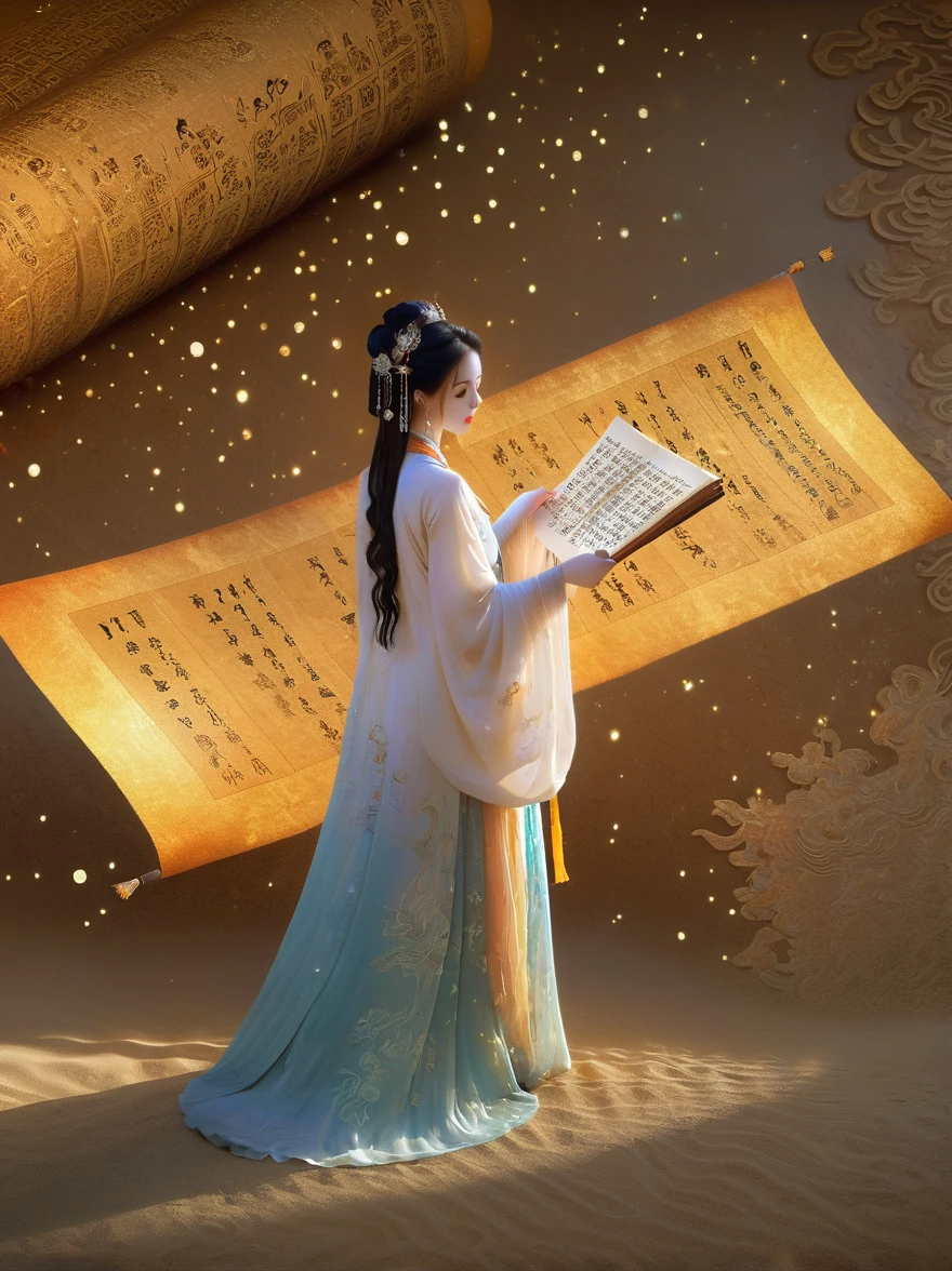 illustration, Dunhuang art style, Extremely long-distance lens, A mysterious little person, Wearing traditional silk dress, Standing on an ancient soft scroll with golden ancient texts, Zen style, Bright Star, Light and Shadow, Ancient White, epic, Extremely delicate brushstrokes, 3D Rendering, Reality, Photographed by DJI