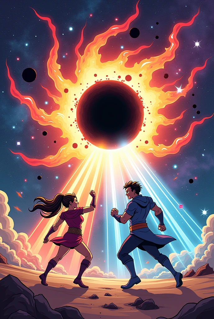 make a fighting scene where man and women fighting another God namely black hole(male adult) in the outer space make it cartoon for children