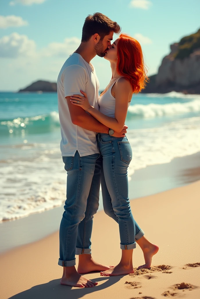 Short on the Beach, red haired, in jeans, Barefoot woman kissing her boyfriend