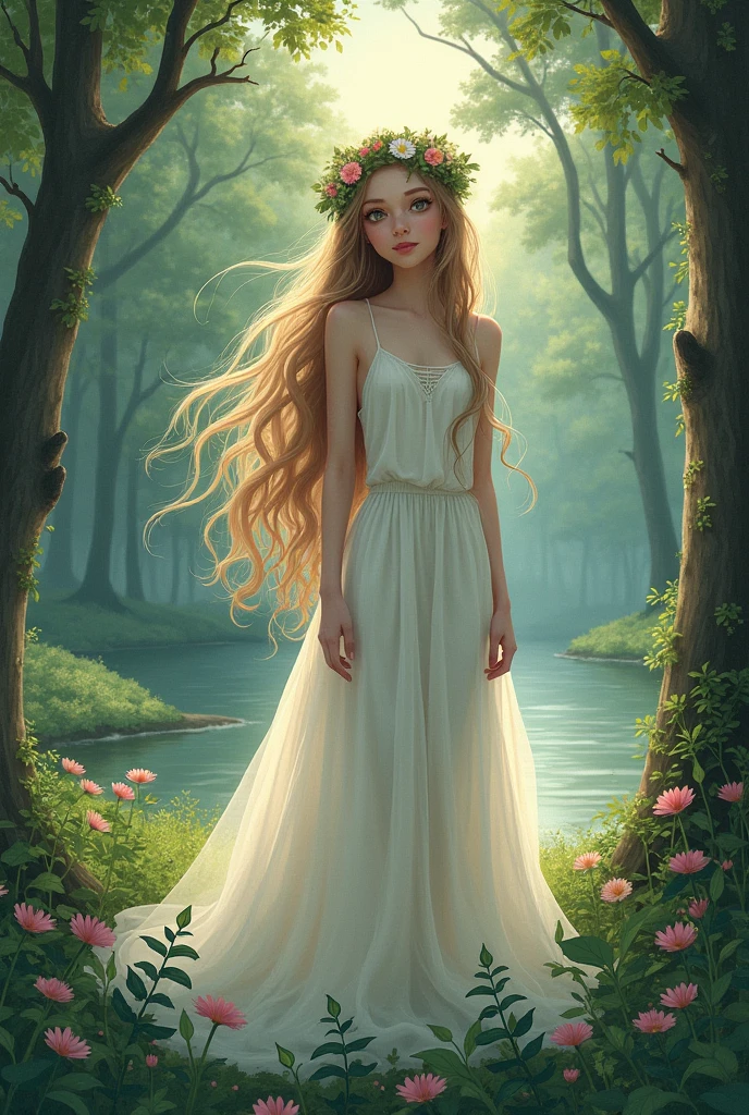 create illustrations in a graphic style according to the description:
1. Appearance of Mavka: She should be represented as a young and beautiful girl, With a long, often loose hair. Her eyes can be made large and expressive, that emphasizes its mysticism.
2. clothes: Traditionally, Mavka is depicted in simple white or light clothing, often this can be a light dress, that seems almost transparent. You can also add elements, that symbolize nature, For example, wreath of flowers on her head.
3. Surroundings: The background should reflect her connection to nature. This could be a forest clearing, pond or river, surrounded by trees and flowers. Lighting can be soft, creating an atmosphere of evening or morning mysticism.
4. Graphic Style: You can use detailed and realistic graphics, to convey the mythological and mysterious character of the character.
Make it graphic Make it colorful , only the effect of pencils Do in the style of graphics