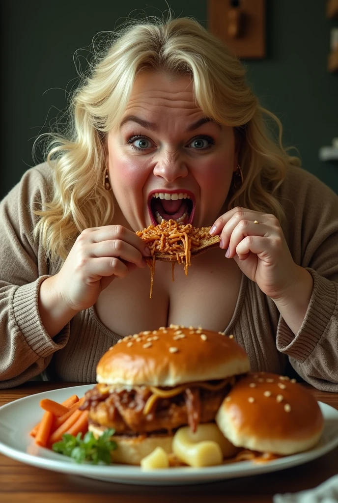 A very fat woman eating too much desperately. She is blonde and has a pretty face. Even so, His face is fat.