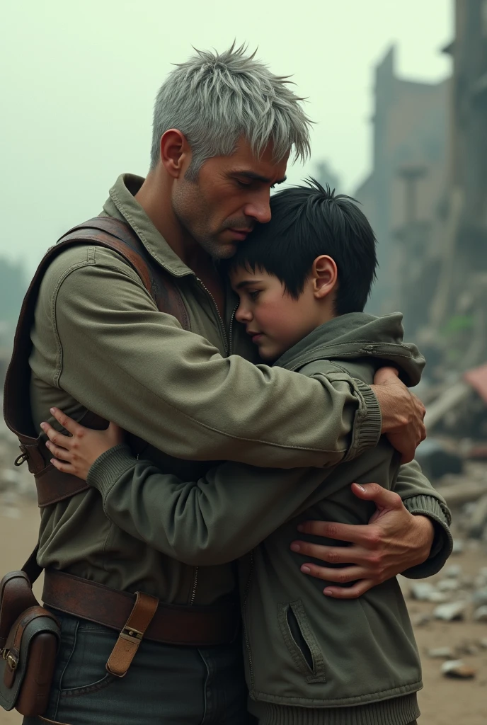 Generate a picture of a 25 years old handsome young man having short white hair and he is hugging a with short black hair. And behind them is apocalypse type of background. It should look real.