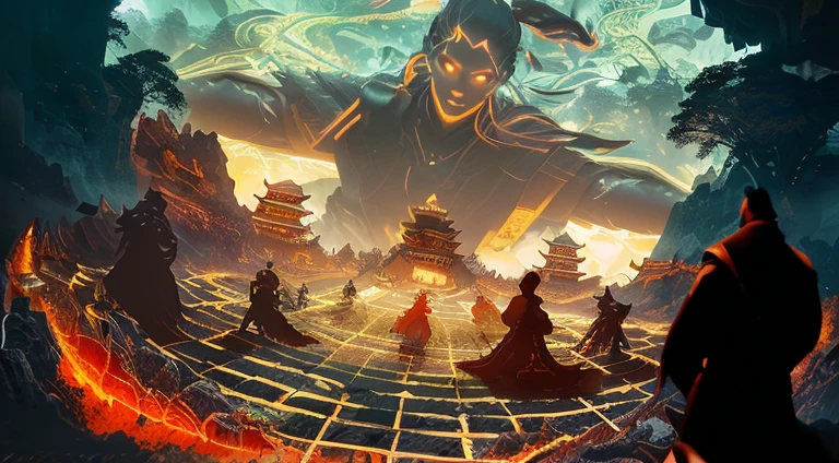 Chinese poster,poster design,Fantasy,Ink style,A huge figure hidden in the darkness silently manipulates,At the bottom of the poster is a huge glowing Go board,Human chess pieces stand on the Go board one by one,Vibrant colors,Slanted composition,Amazing composition,Ink landscape painting background,Beautiful light source,Beautiful light and shadow effects,Strong light and shadow,Strong contrast between light and dark,Realism,modeling,Model,3d,Film Lighting,Dynamic Lighting,Dynamic global illumination and reflections,Stereoscopic 3D lighting,Reality,超Reality的细节,fantasy。Unreal Engine,Realistic and ultra-detailed rendering style,Dark and dramatic lighting,8k-ar 9:16-niji 6-c 10-s 750 -v 6.0