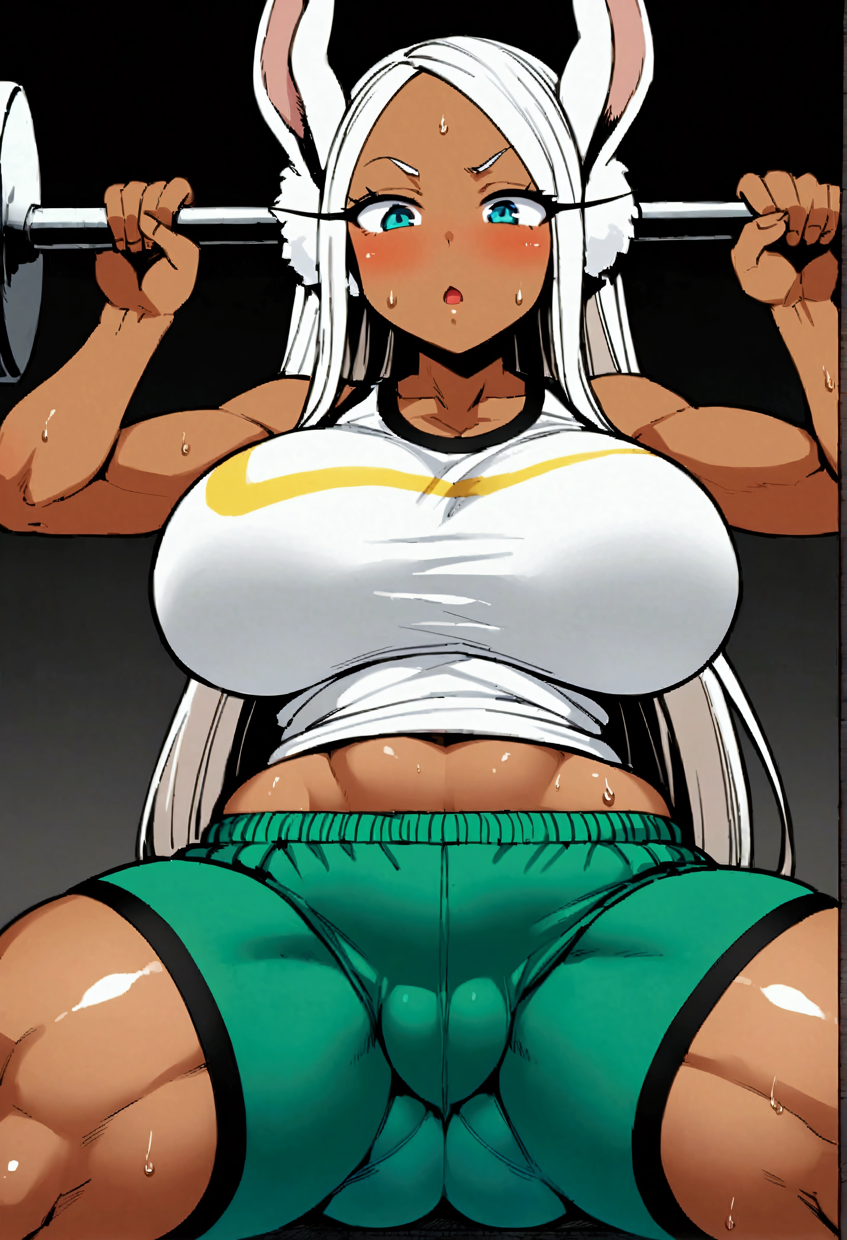 score_9、score_8_up、score_8_up、Front view、high resolution、 1 person、Mirko、Dark skinned woman、Thick thighs、Big butt、Sweating、Big Breasts、Gym Shorts、(Face sitting)、 1 person、Big penis、Izuku Midoriya、Man lifting weights、Man doing training