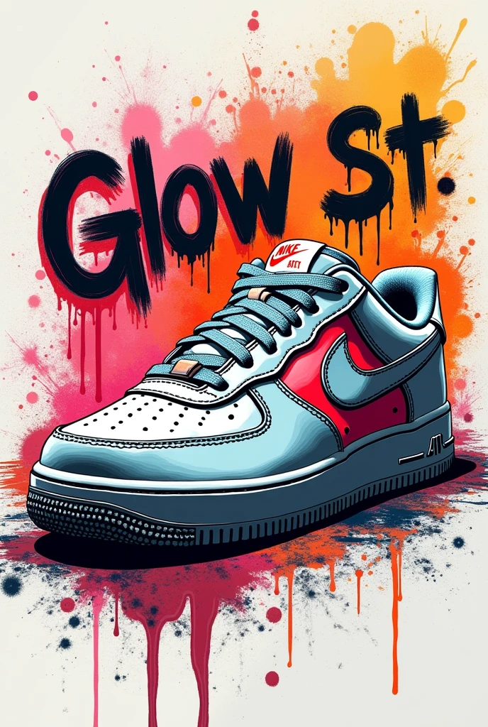 Nike Air Force 1 sketch with paint splatters and street art lettering that says "Glow St" in a Los Angeles style.