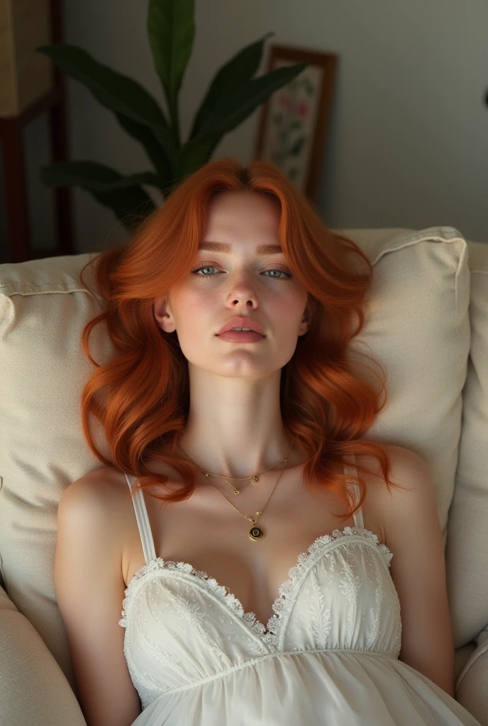 woman, 22 years old, natural redhead, Chanel hair, slim body, at home, relaxing , nude