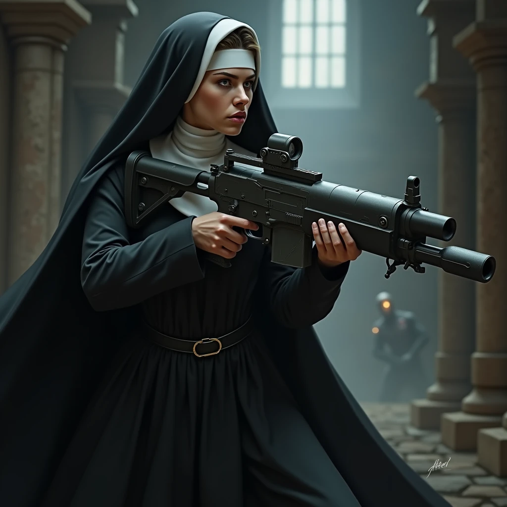 Sexy nun holding a machine gun,Shoot the ugly vampire coming from the front